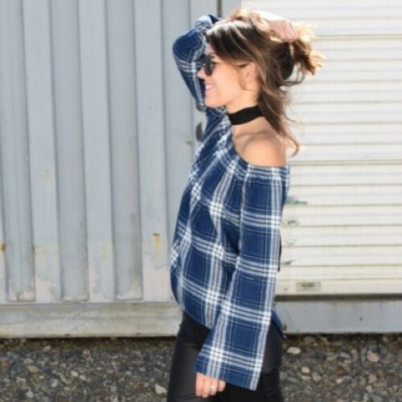 Cloth & Stone Flannel Off-The-Shoulder Tunic Top Blue Plaid Size Large Boxy - Picture 1 of 8